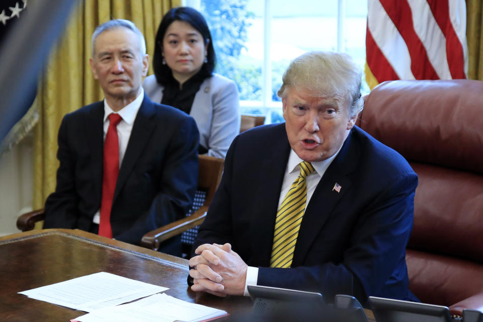 President Donald Trump speaks to reporters during a meeting with China's Vice Premier Liu He in the Oval Office of the White House in April. (Photo: Manuel Balce Ceneta/AP)