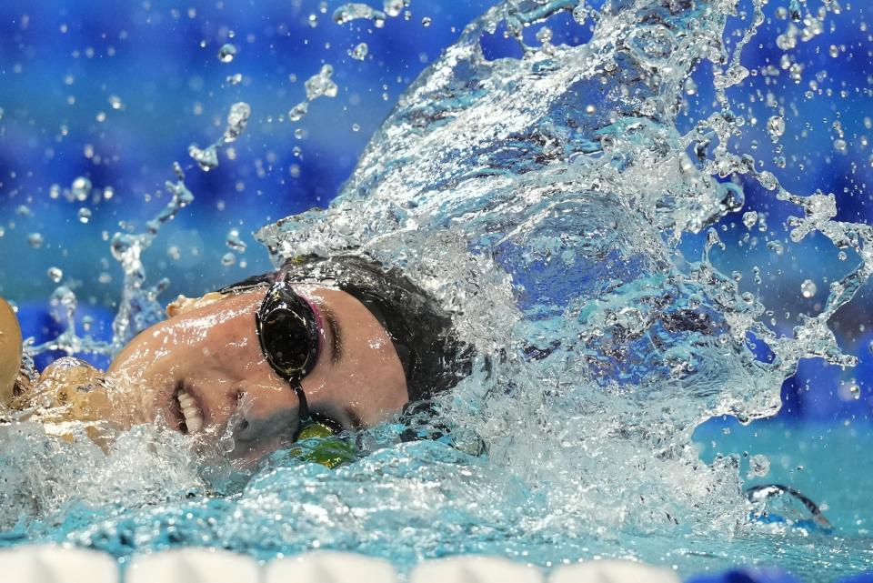 Emma Weyant participates in the Women's 400 Individual Medley during wave 2 of the U.S. Olympic Swim Trials on Sunday, June 13, 2021, in Omaha, Neb. (AP Photo/Charlie Neibergall)