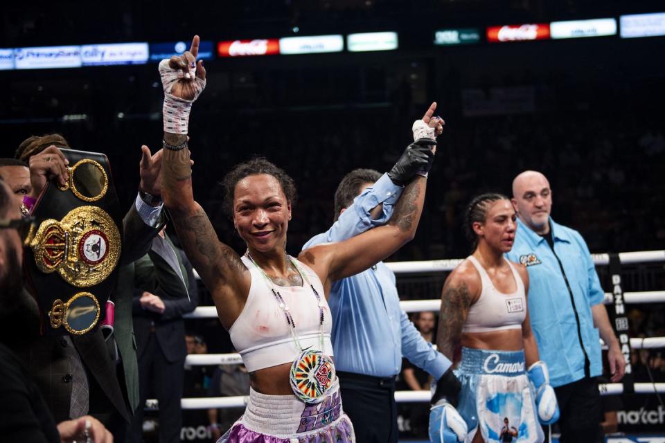 manchester, nh november 19 kali reis reacts after defeating jessica camara during the wba women’s junior welterweight title and vacant wbo title bout at snhu arena on november 19, 2021 in manchester, new hampshire photo by billie weissgetty images local caption kali reis