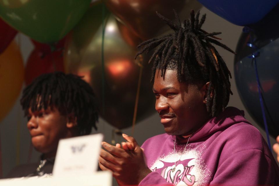 Jordan Thomas celebrates on National Signing Day for signing with Chowan University, Wednesday, Feb. 7, 2024, at Vero Beach High School.
