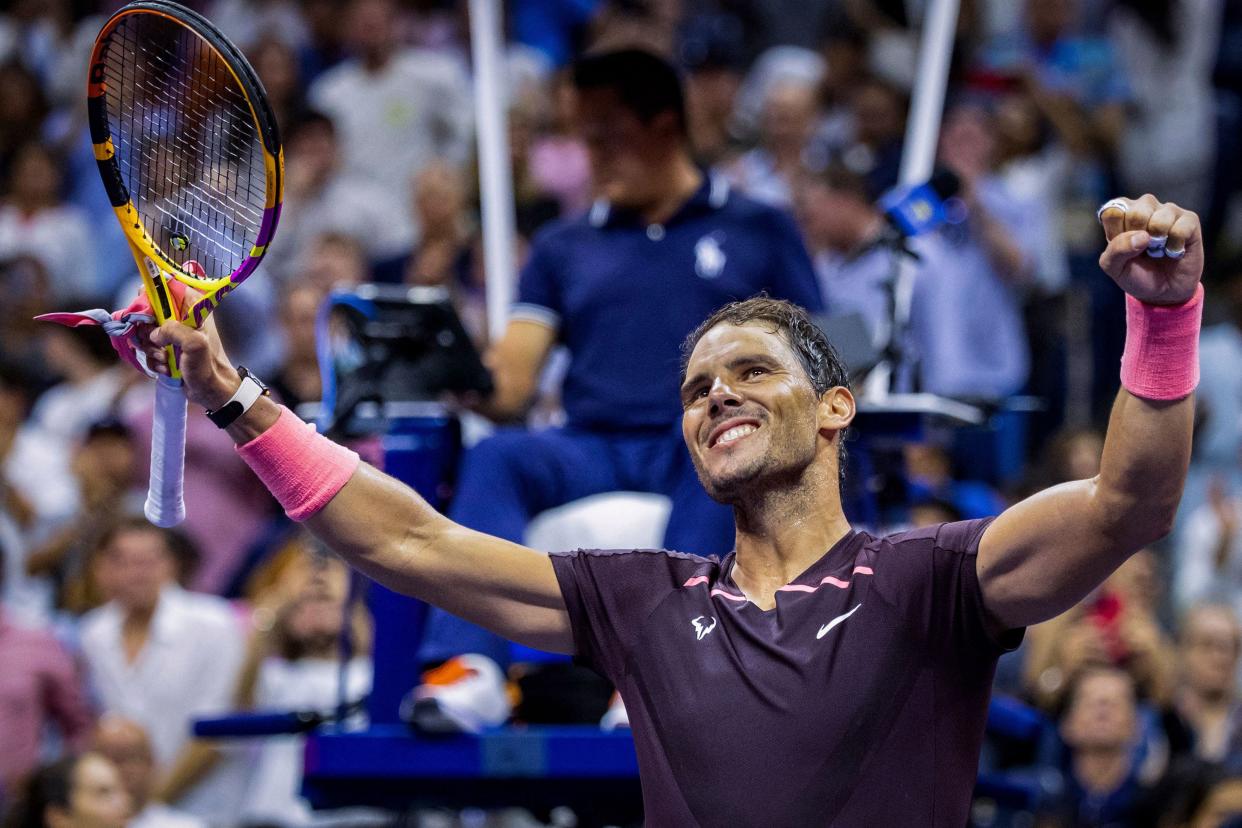 Spain's Rafael Nadal celebrates after defeating France's Richard Gasquet during their 2022 U.S. Open Tennis tournament men's singles third round match at the USTA Billie Jean King National Tennis Center in New York on Sept. 3, 2022.