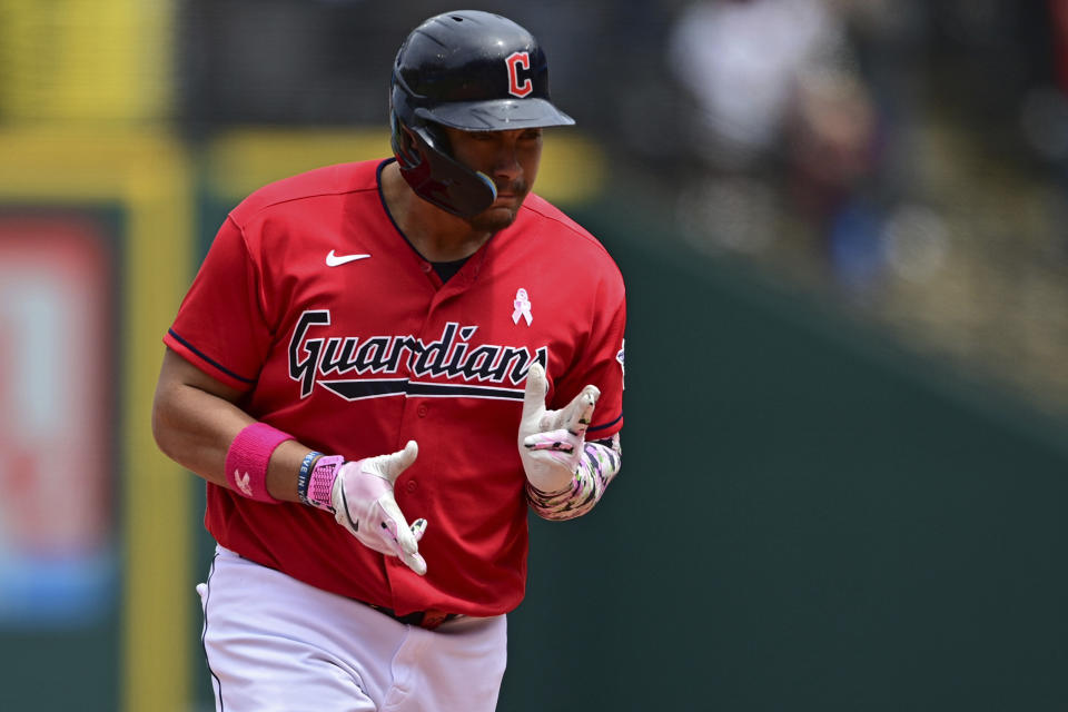 Cleveland Guardians' Josh Naylor runs the bases after hitting a three-run home run off Los Angeles Angels relief pitcher Carlos Estevez during the eighth inning of a baseball game, Sunday, May 14, 2023, in Cleveland. (AP Photo/David Dermer)