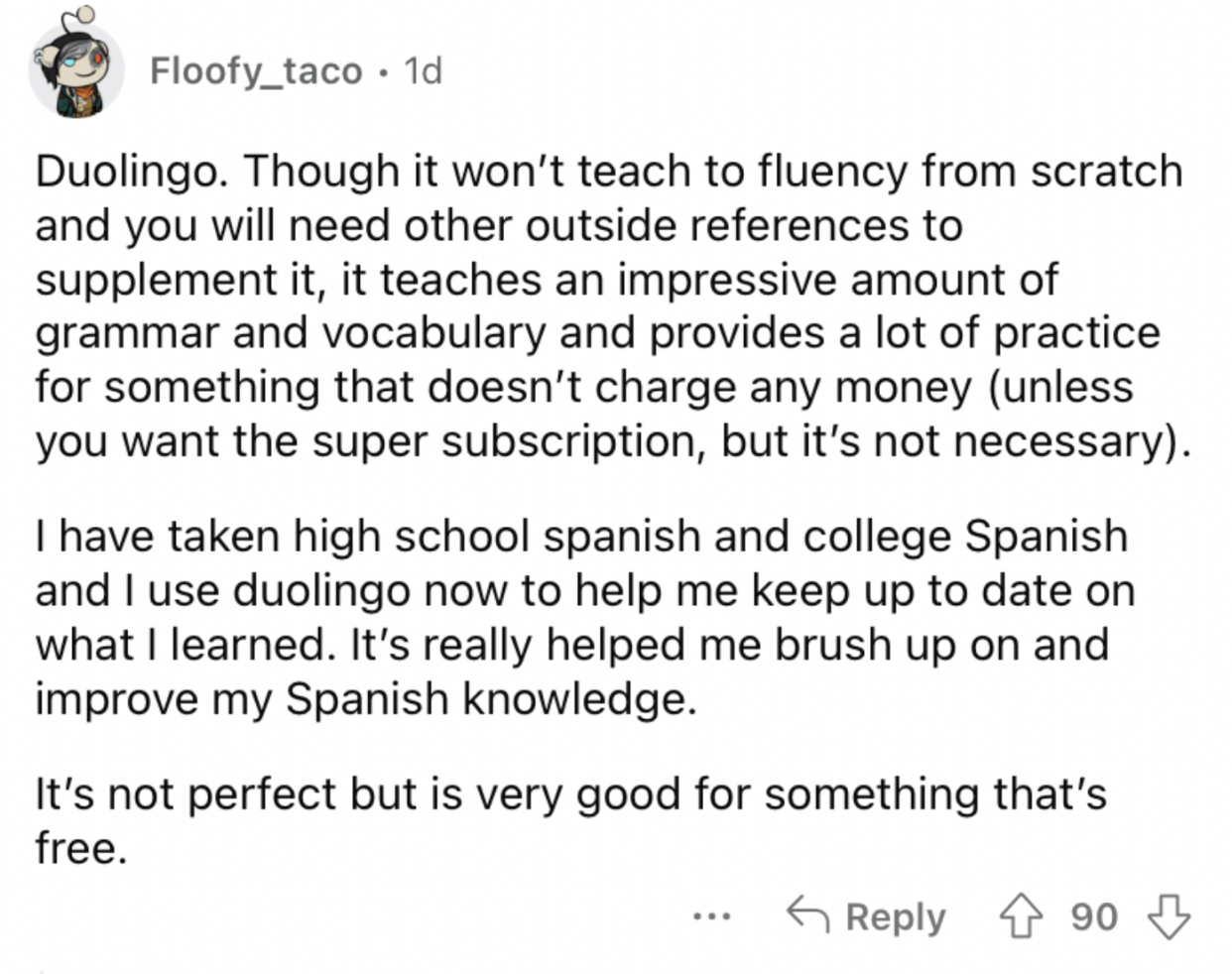 Reddit screenshot about Duolingo being a great app.