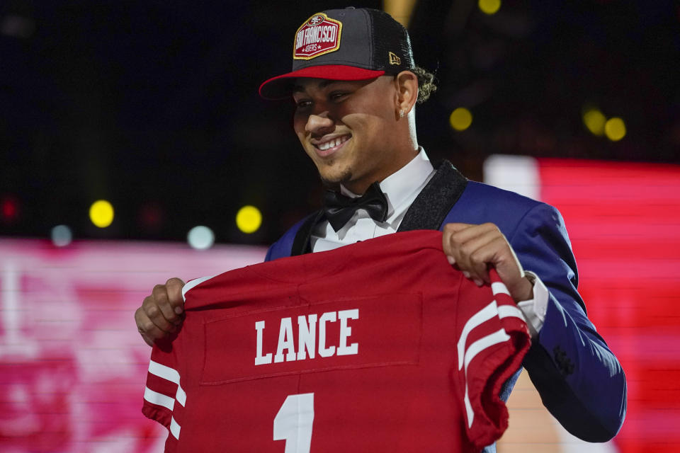 Trey Lance could be used as a running threat early before he gets his starting shot with the 49ers. (AP Photo/Tony Dejak)