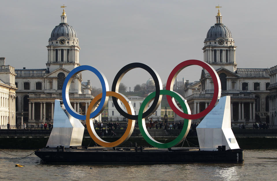 Giant Olympic Rings Are Launched On The River Thames