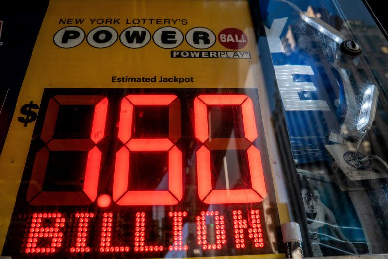 FILE PHOTO: A digital billboard advertising Powerball Jackpot of 1.6 billion dollars is displayed in New York