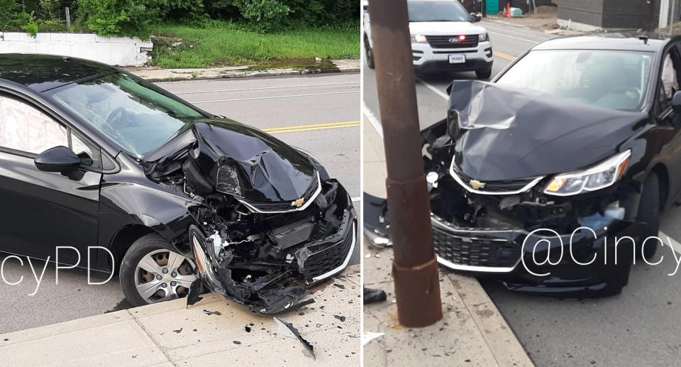 A Chevrolet pictured crashed into a power pole.