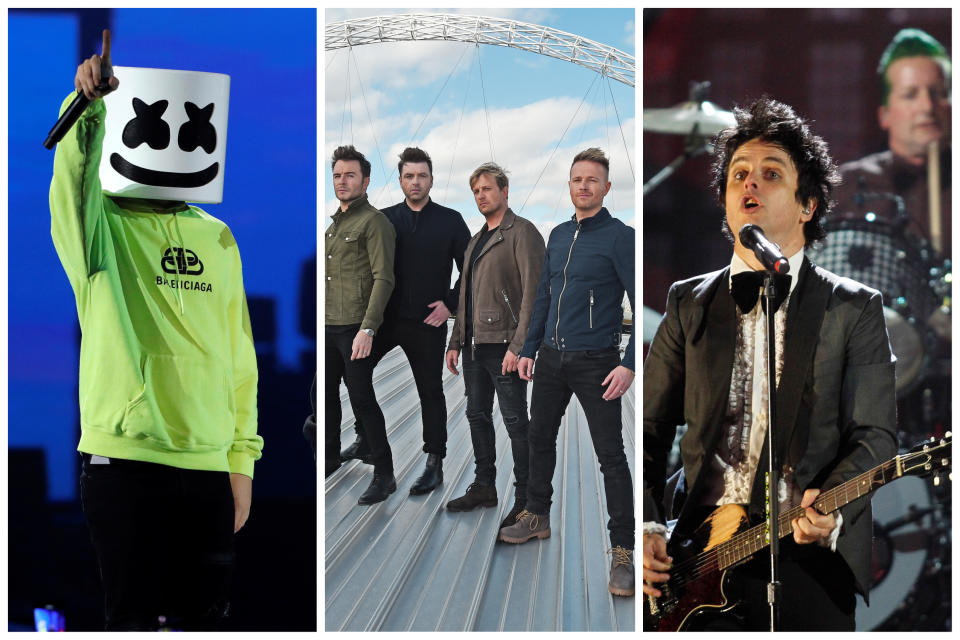 Entertainment acts (from left) Marshmello, Westlife and Green Day will take to the Padang Stage at the F1 Singapore Grand Prix from 30 September to 2 October. (PHOTO: Getty Images/Reuters)