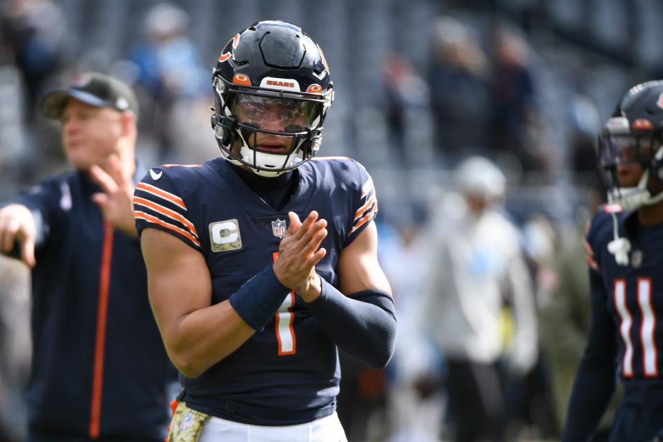 Nov 13, 2022; Chicago, Illinois, USA; Chicago Bears quarterback Justin Fields (1) during warmups before the game against the Detroit Lions at Soldier Field. Mandatory Credit: Matt Marton-USA TODAY Sports