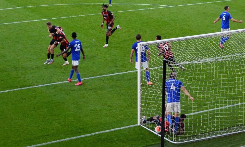 As Dominic Solanke celebrates scoring, Caglar Soyuncu clashes with Bournemouth’s Callum Wilson. The defender was subsequently sent off.