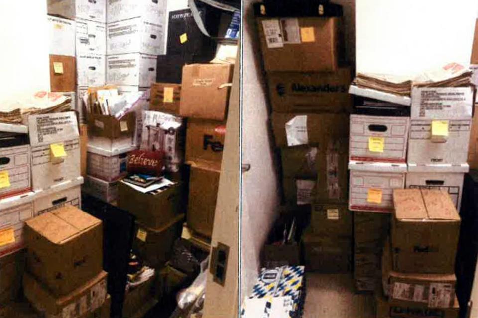 This image, contained in the report from special counsel Robert Hur, shows boxes in a storage closet at the Penn Biden Center in Washington, in March 2021. (Justice Department via AP) AP