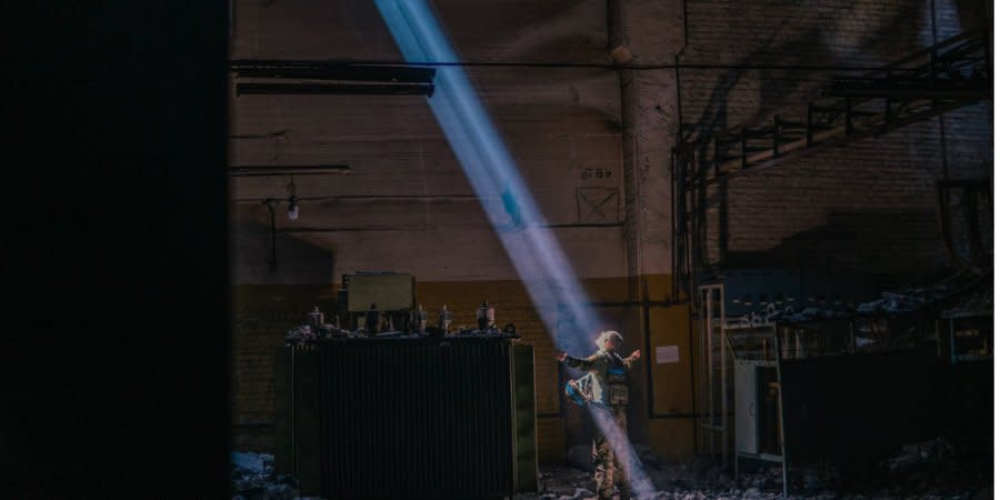 Azov regiment fighter Denys Kozatsky enjoys sunlight in the Azovstal steel mill in Mariupol