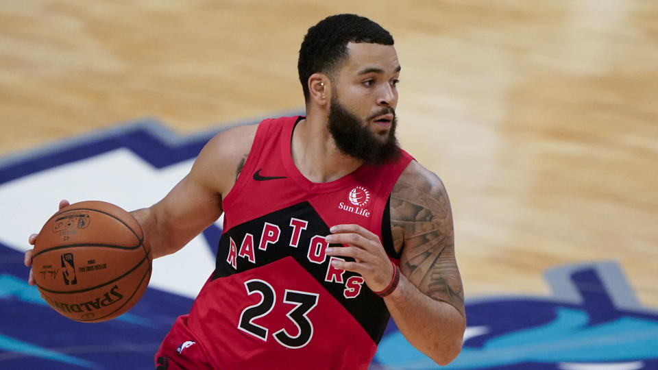 Toronto Raptors guard Fred VanVleet plays against the Charlotte Hornets during the first half of an NBA preseason basketball game in Charlotte, Monday, Dec. 14, 2020. (AP Photo/Chris Carlson)