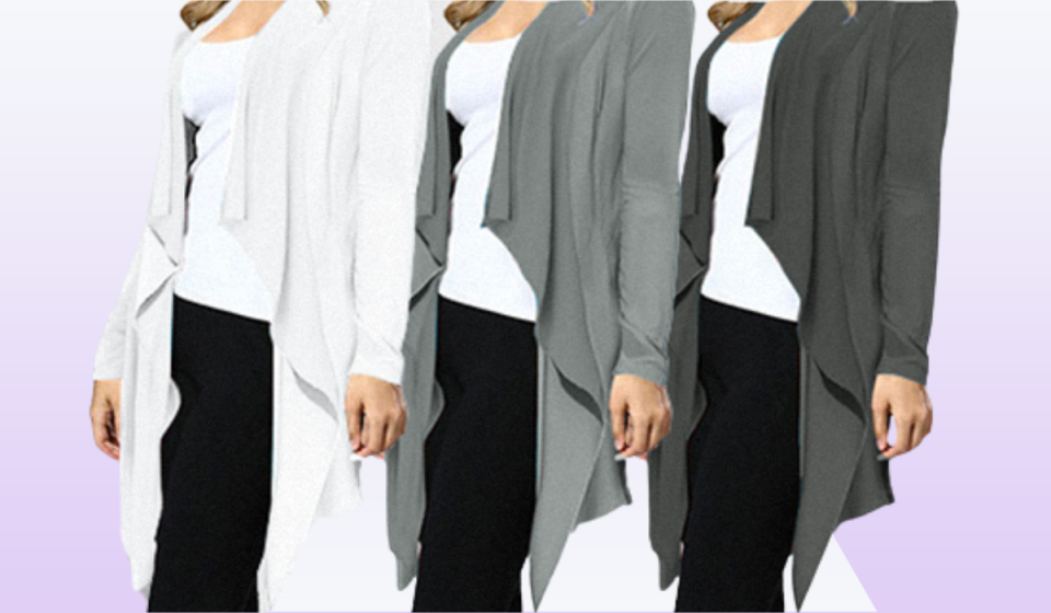 Women wearing three drapey, open cardigans in white, gray and dark gray