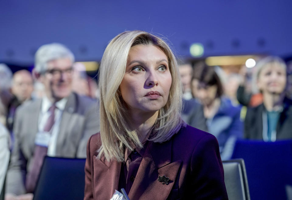 First Lady of Ukraine Olena Zelenska attends a session at the World Economic Forum in Davos, Switzerland Tuesday, Jan. 17, 2023. The annual meeting of the World Economic Forum is taking place in Davos from Jan. 16 until Jan. 20, 2023. (AP Photo/Markus Schreiber)