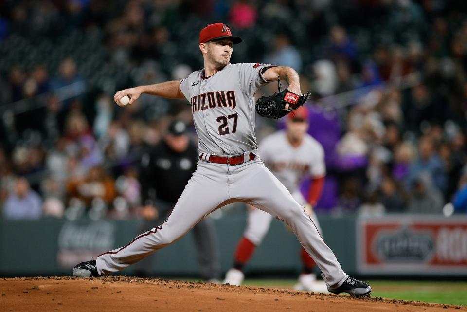 Sep 9, 2022; Denver, Colorado, USA; Arizona Diamondbacks starting pitcher Zach Davies (27) pitches in the second inning against the Colorado Rockies at Coors Field. Mandatory Credit: Isaiah J. Downing-USA TODAY Sports