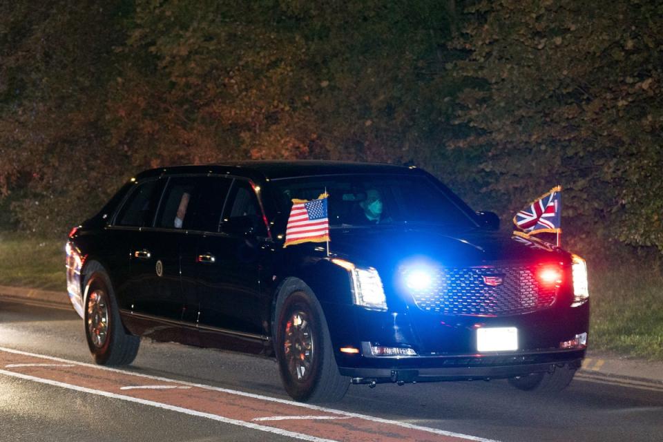 Joe and Jill Biden leave London Stansted airport in their motorcade (PA)
