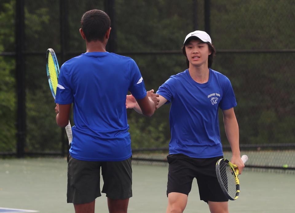 Edgemont's Nick Pang and Eli Johnson during their doubles championship match with Horace Greeley in the Boys Section 1 tennis championships at Harrison High School May 16, 2023. Pang and Johnson won their match.