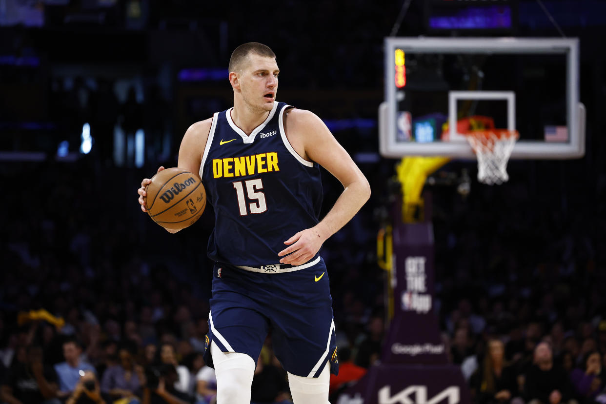 LOS ANGELES, CALIFORNIA - APRIL 27:  Nikola Jokic #15 of the Denver Nuggets during game four of the Western Conference First Round Playoffs at Crypto.com Arena on April 27, 2024 in Los Angeles, California.  NOTE TO USER: User expressly acknowledges and agrees that, by downloading and/or using this photograph, user is consenting to the terms and conditions of the Getty Images License Agreement.  (Photo by Ronald Martinez/Getty Images)