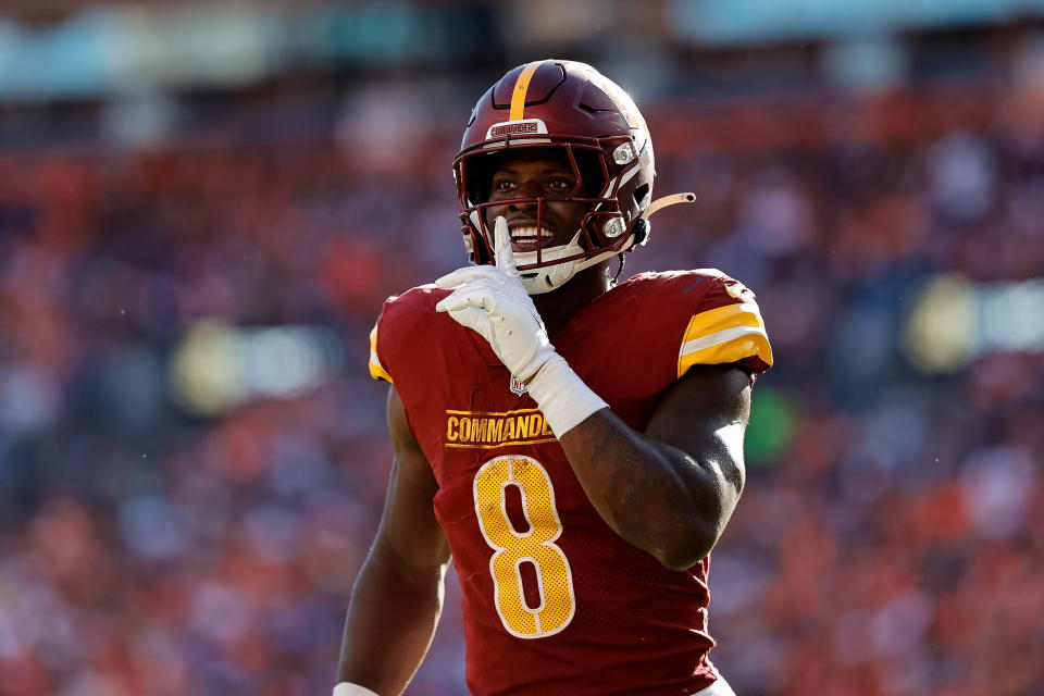 Washington Commanders running back Brian Robinson Jr. (8) reacts after scoring a touchdown. Mandatory Credit: Isaiah J. Downing-USA TODAY Sports