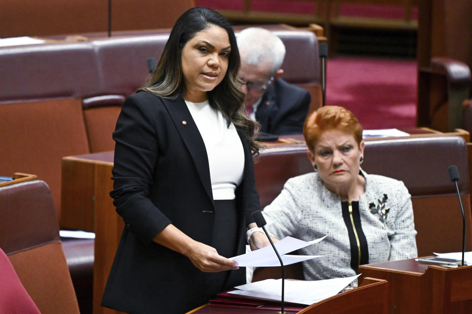 Country Liberal Party senator Jacinta Nampijinpa Price speaks during debate on the Voice to Parliament in the Senate chamber at Australia's Parliament House, in Canberra, Monday, June 19, 2023. The Senate voted to hold a referendum this year on creating an Indigenous Voice to Parliament, an advocate aiming to give the nation's most disadvantaged ethnic minority more say on government policy. (Lukas Coch/AAP Image via AP)