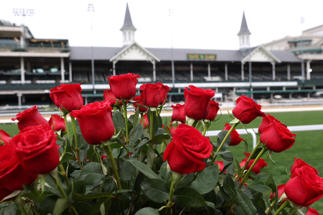 LOUISVILLE, KENTUCKY - MAY 07: Roses from the winner's circle are shown in front of the Twin Spires before the 148th Running of the Kentucky Derby at Churchill Downs on May 07, 2022 in Louisville, Kentucky. (Photo by Jamie Squire/Getty Images)