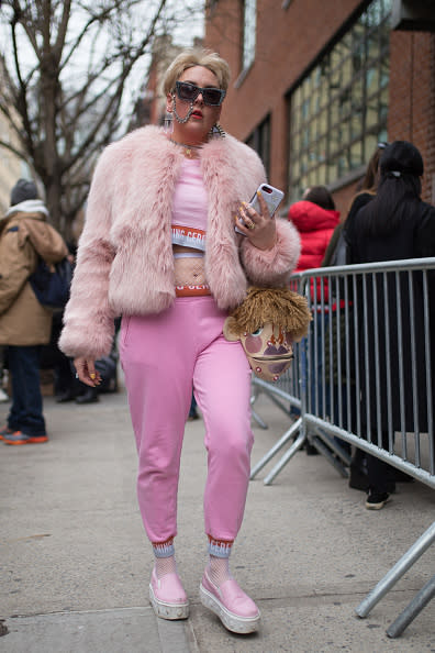 A rare shot of a NYFW attendee who doesn’t perfectly fit the thinfluencer mold, headed to the Chromat show, which is reliably inclusive in its casting. (Photo: Matthew Sperzel/Getty Images)
