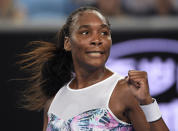 United States' Venus Williams celebrates after defeating France's Alize Cornet in their second round match at the Australian Open tennis championships in Melbourne, Australia, Thursday, Jan. 17, 2019. (AP Photo/Andy Brownbill)