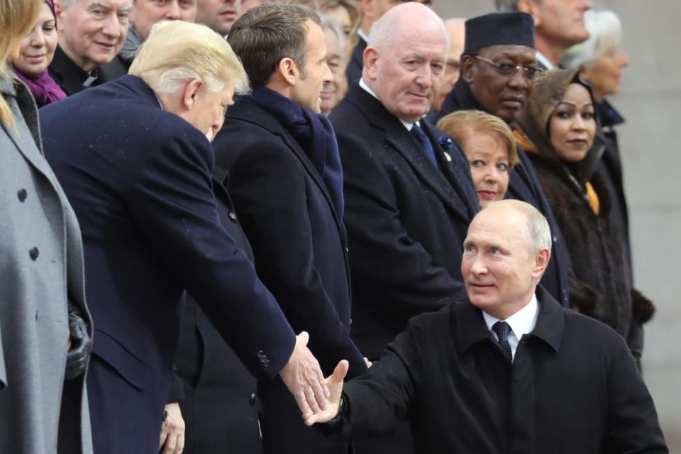 <div class="inline-image__caption"><p>Vladimir Putin shakes hands with Donald Trump as he arrives to attend a ceremony at the Arc de Triomphe in Paris on Nov. 11, 2018.</p></div> <div class="inline-image__credit">Ludovic Marin/AFP via Getty</div>