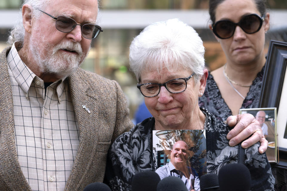 Kathleen and Clark Mcllvain whose son Charlie died in the dive boat fire breakdown while talking to the media in front of the U.S. Federal Building in downtown Los Angeles on Thursday, May 2, 2024. A federal judge on Thursday sentenced the scuba dive boat captain, Jerry Boylan to four years in prison and three years supervised release for criminal negligence after 34 people died in a fire aboard the vessel. (AP Photo/Richard Vogel)