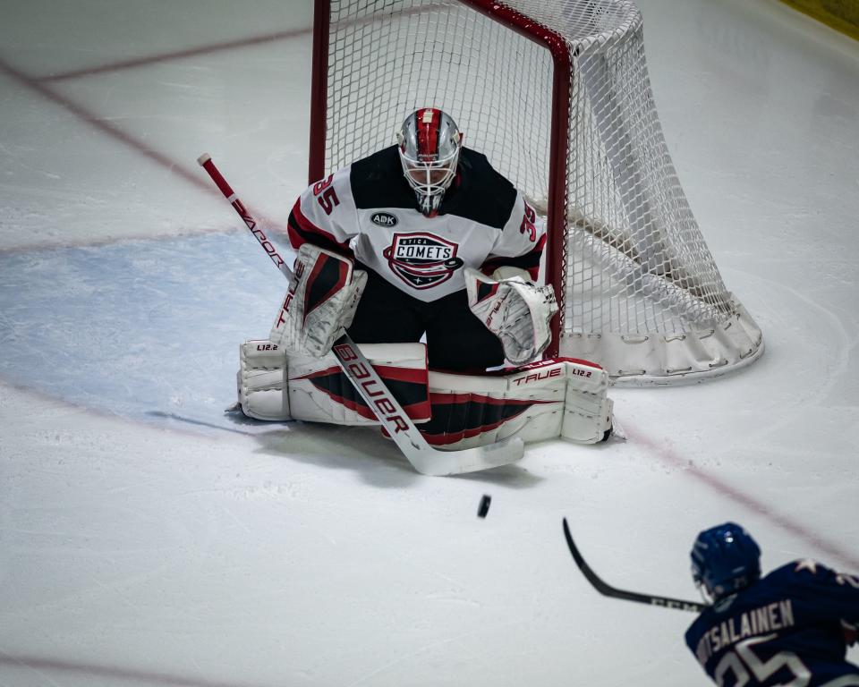 Nico Daws (35) makes a save for the Utica Comets during the 2022 Calder Cup Playoffs on Saturday, May 14, 2022 at the Adirondack Bank Center in Utica.