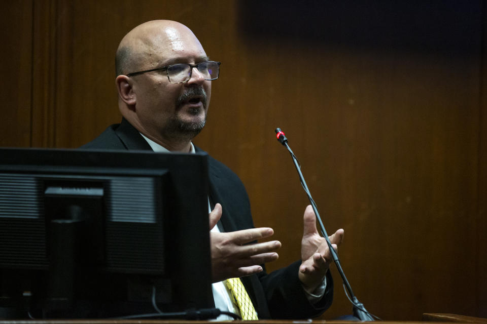 DCI Special Agent Trent Vileta answers questions from the witness stand during Cristhian Bahena Rivera's trial, on Monday, May 24, 2021, in the Scott County Courthouse, in Davenport, Iowa. Bahena Rivera is on trial after being charged with first degree murder in the death of Mollie Tibbetts in July 2018. (Kelsey Kremer/The Des Moines Register via AP, Pool)