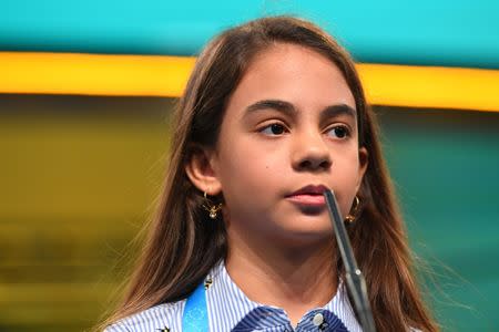 May 31, 2018; National Harbor, MD, USA; Simone Kaplan from Florida spelled the word fredd correctly during the 2018 Scripps National Spelling Bee at the Gaylord National Resort and Convention Center. Mandatory Credit: Jack Gruber-USA TODAY NETWORK