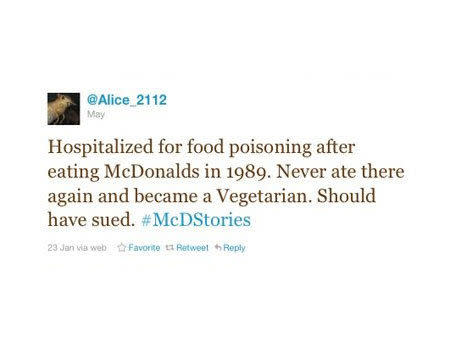 McDonald hatte keine Handhabe in die Tweets einzugreifen und die gesamten Stories wurden immer wieder angezeigt, sobald jemand den Hashtag anklickte. Weit über 70.000 Mal wurde McDonald bei Twitter unter dem Stichwort #McDStories an einem Tag erwähnt. (Bild: Twitter)