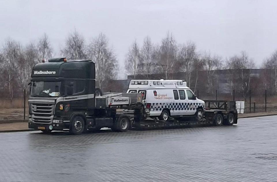 A donated AMT ambulance arrives in Poland before being deployed to Ukraine.