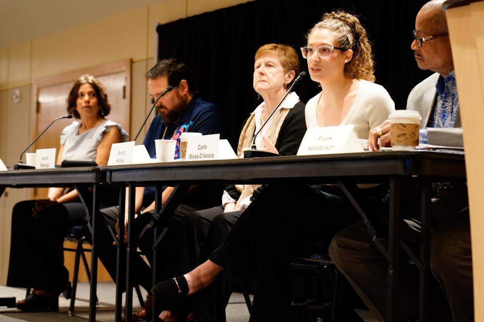 Carla Rivas-D'Amico, director of the Kansas Hispanic and Latino American Affairs Commission, speaks alongside other panel members at the 785 Future Leaders Conference on Thursday morning.