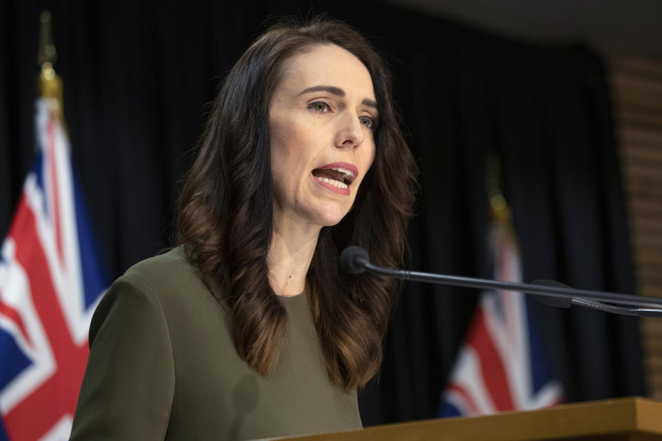 New Zealand Prime Minister Jacinda Ardern announces a new date for national elections, during a news conference in Wellington, New Zealand, Monday, Aug. 17, 2020. The election had been scheduled for Sept. 19 but will now be held on Oct. 17, after a COVID-19 outbreak in Auckland. (Mark Mitchell/New Zealand Herald via AP)