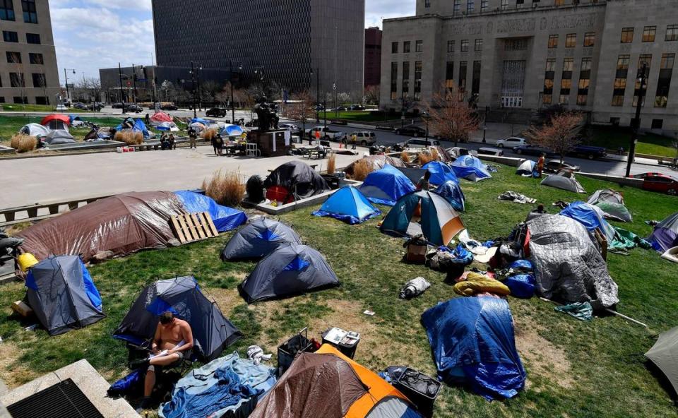 A 50-tent homeless camp was set up on the south lawn of City Hall in February. In recent months, public protests have called for Kansas City to find better, long-term housing.