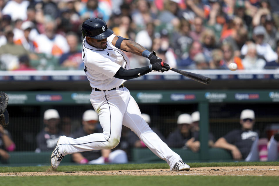 Detroit Tigers' Andy Ibanez hits a double against the Seattle Mariners in the sixth inning of a baseball game, Sunday, May 14, 2023, in Detroit. (AP Photo/Paul Sancya)