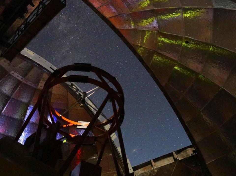 This photo shows the view from inside the dome of NASA's Infrared Telescope Facility during a night of observing. The 10.5-foot telescope atop Hawaii's Mauna Kea will be used to measure the infrared spectrum of asteroid 2001 FO32.  / Credit: UH/IfA