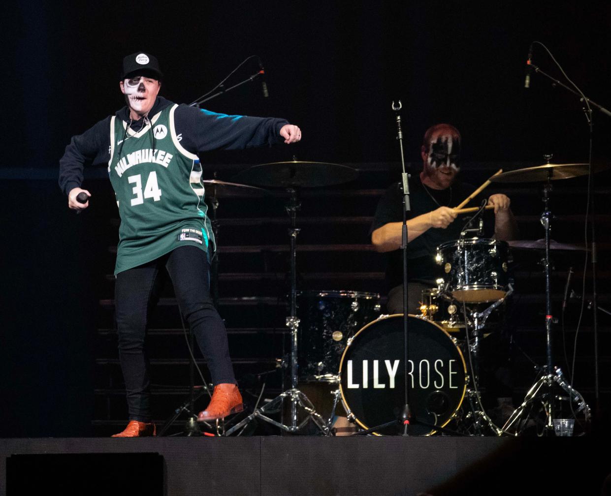 Lily Rose performs on stage at the Fiserv Forum in Milwaukee, Wis. on Tuesday, Oct. 31, 2023. Lily Rose is the opening act for Shania Twain's Queen of Me Tour.
