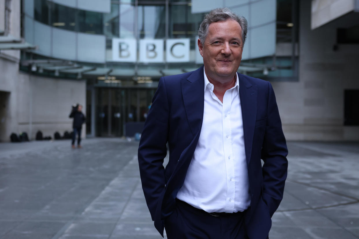 LONDON, ENGLAND - JANUARY 16: Piers Morgan takes his departure following his appearance on Sunday Morning at the BBC Broadcasting House on January 16, 2022 in London, England. Sophie Raworth, the veteran BBC journalist, is serving as the interim host of the Sunday morning political programme after the departure of Andrew Marr. (Photo by Hollie Adams/Getty Images)