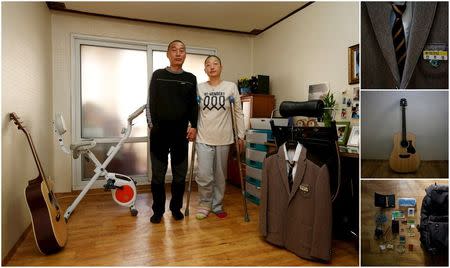 A combination picture shows Jung Bu-ja (R) and Shin Chang-sik, parents of Shin Ho-sung, a high school student who died in the Sewol ferry disaster, as they pose for a photograph in their son's room, as well as details of objects, in Ansan April 9, 2015. REUTERS/Kim Hong-Ji