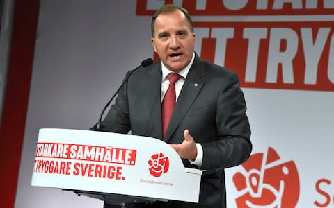 Prime minister and party leader of the Social Democrat party Stefan Lofven speaks at an election party in Stockholm - Credit:  TT News Agency