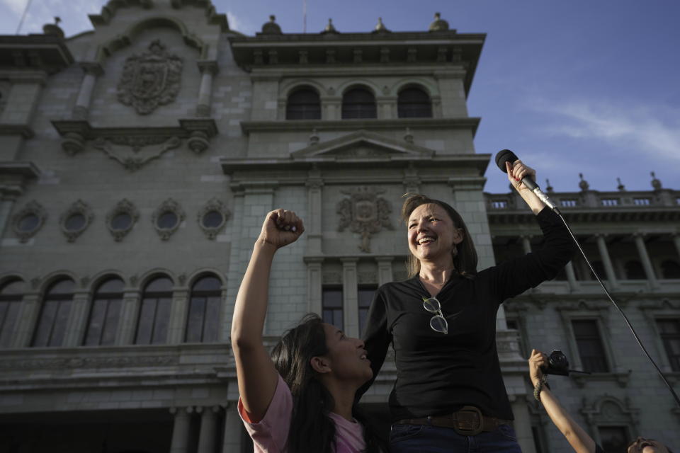 Semilla party congresswoman elect Patricia Orantes, celebrates with supporters at Constitution Square in Guatemala City, Monday, June 26, 2023. Arevalo and former first lady Sandra Torres of the UNE party are going to an Aug. 20 presidential runoff. (AP Photo/Moises Castillo)