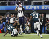 <p>New England Patriots’ Rob Gronkowski catches a pass during the second half of the NFL Super Bowl 52 football game against the Philadelphia Eagles Sunday, Feb. 4, 2018, in Minneapolis. (AP Photo/Jeff Roberson) </p>