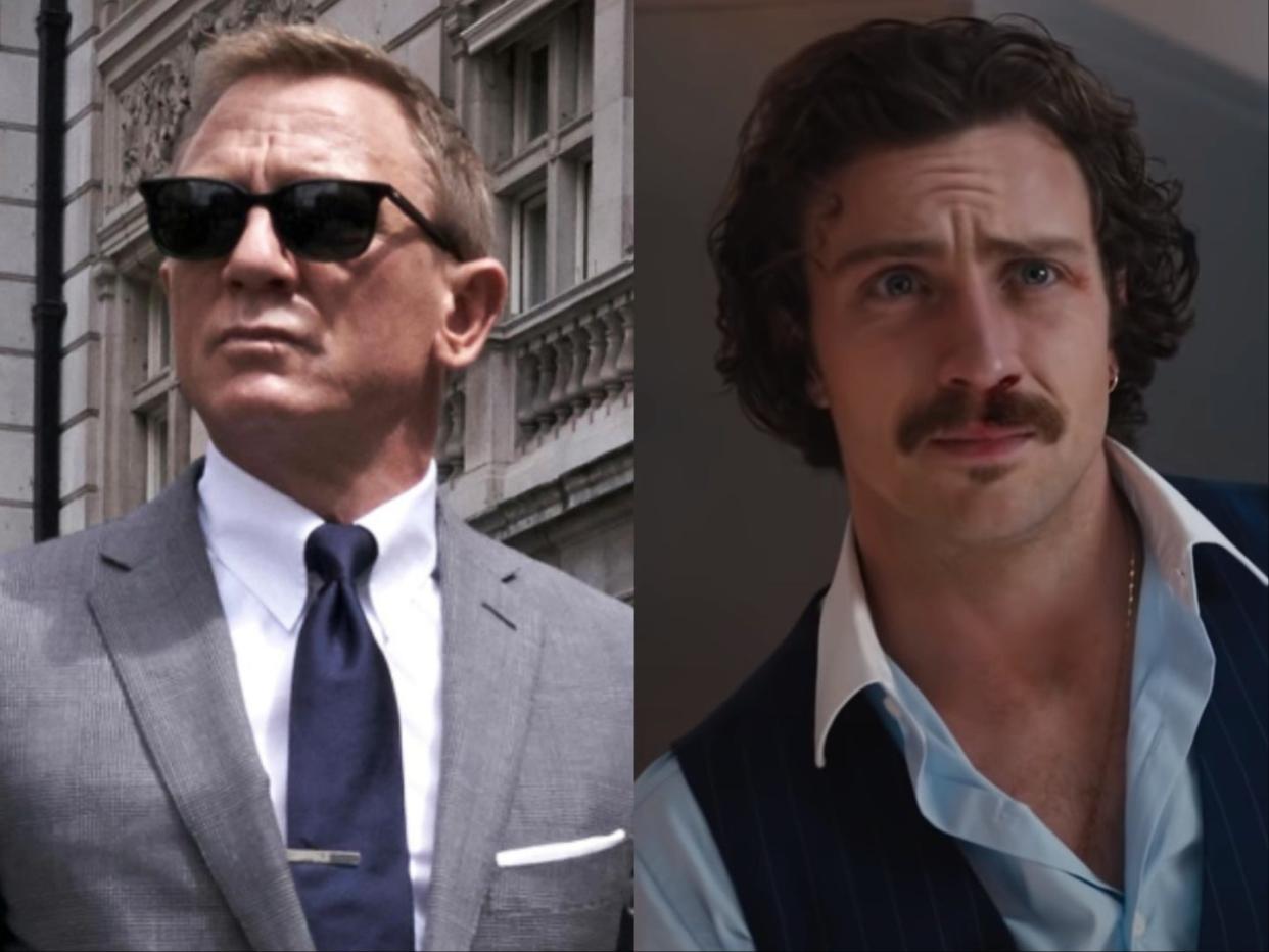 Daniel Craig in "No Time To Die" and Aaron Taylor-Johnson in "Bullet Train."