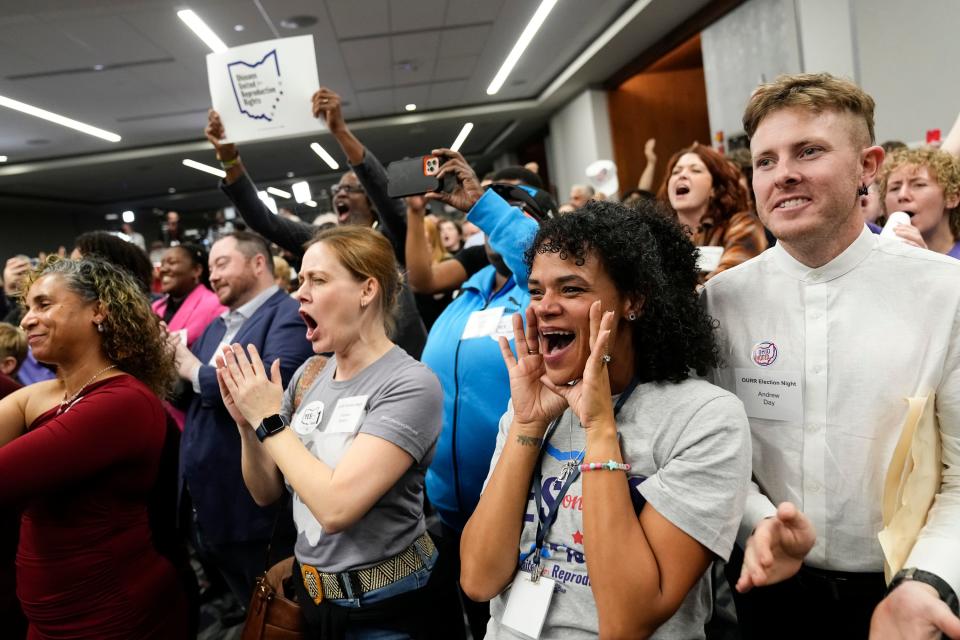 Elizabeth Chasteen Day, organizing director for ACLU of Ohio cheers during a gathering for supporters of Issue 1 at the Hyatt Regency Downtown. The issue establishes a constitutional right to abortion.