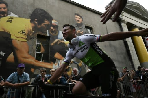 Great Britain's Mark Cavendish -- seen during the team presentation ceremony two days before the start -- is looking to add to his career Tour stage wins tally of 30, just four short of the all-time record of Eddy Merckx