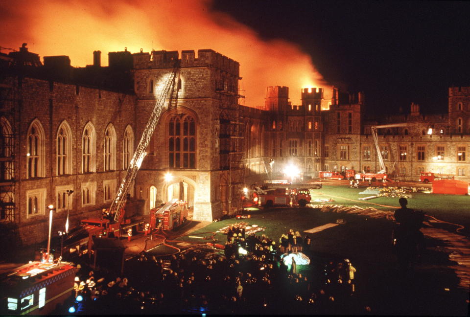 WINDSOR, UNITED KINGDOM - NOVEMBER 20:  Another Disaster In The Queen's "annus Horribilis" When A  Fire Broke Out At Windsor Castle - A Tragedy Damaging More Than 100 Rooms.  (Photo by Tim Graham Photo Library via Getty Images)